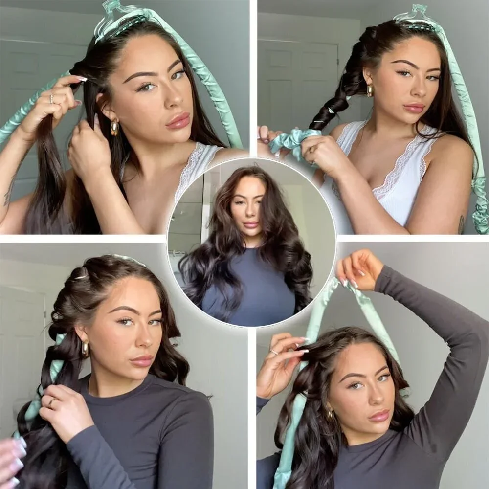 Heatless Satin Curlers Set with Scrunchies Headband Claw for All Hair Types